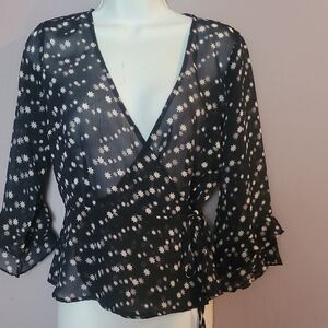 Sage Black and White Wrap Blouse with Ruffled 3/4 Sleeves